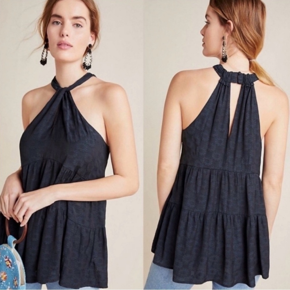 Anthropologie Lavinia Halter Blouse Black Tiered Flowy Size Small
